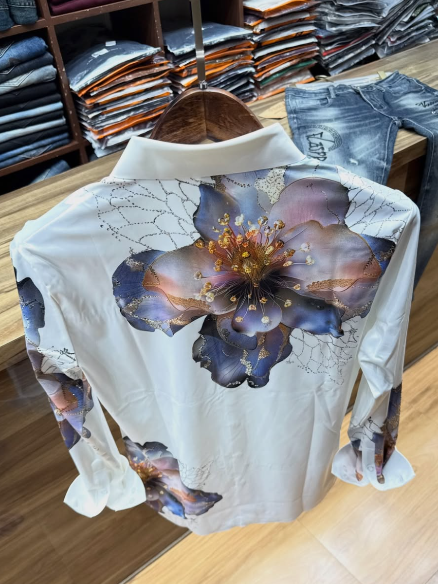Men's Gradient Floral Rhinestone Print White Shirt