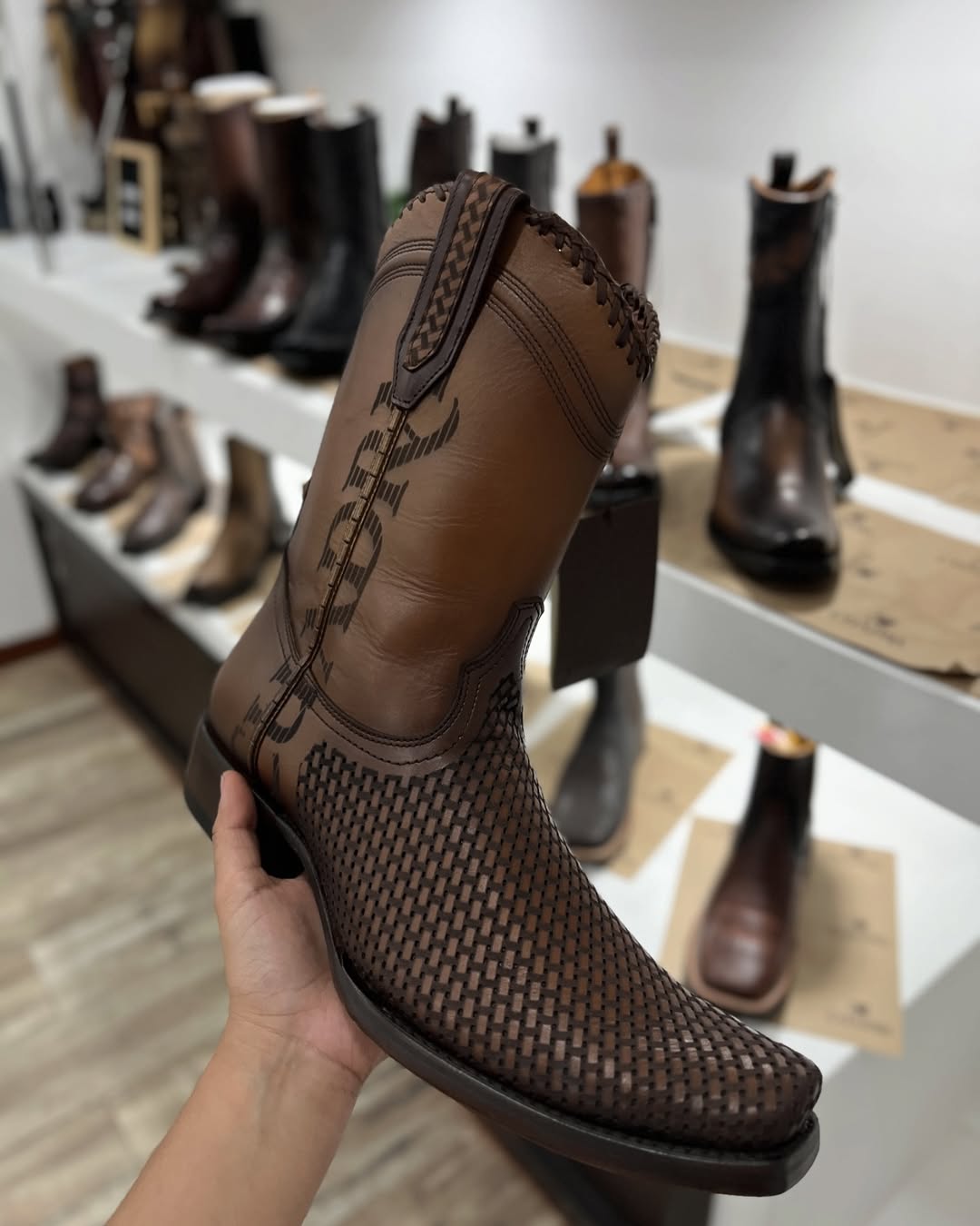 Men's Brown Laser & Woven Narrow Square Toe Boots