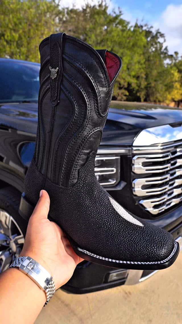 Square Toe Black Stingray Leather Boots