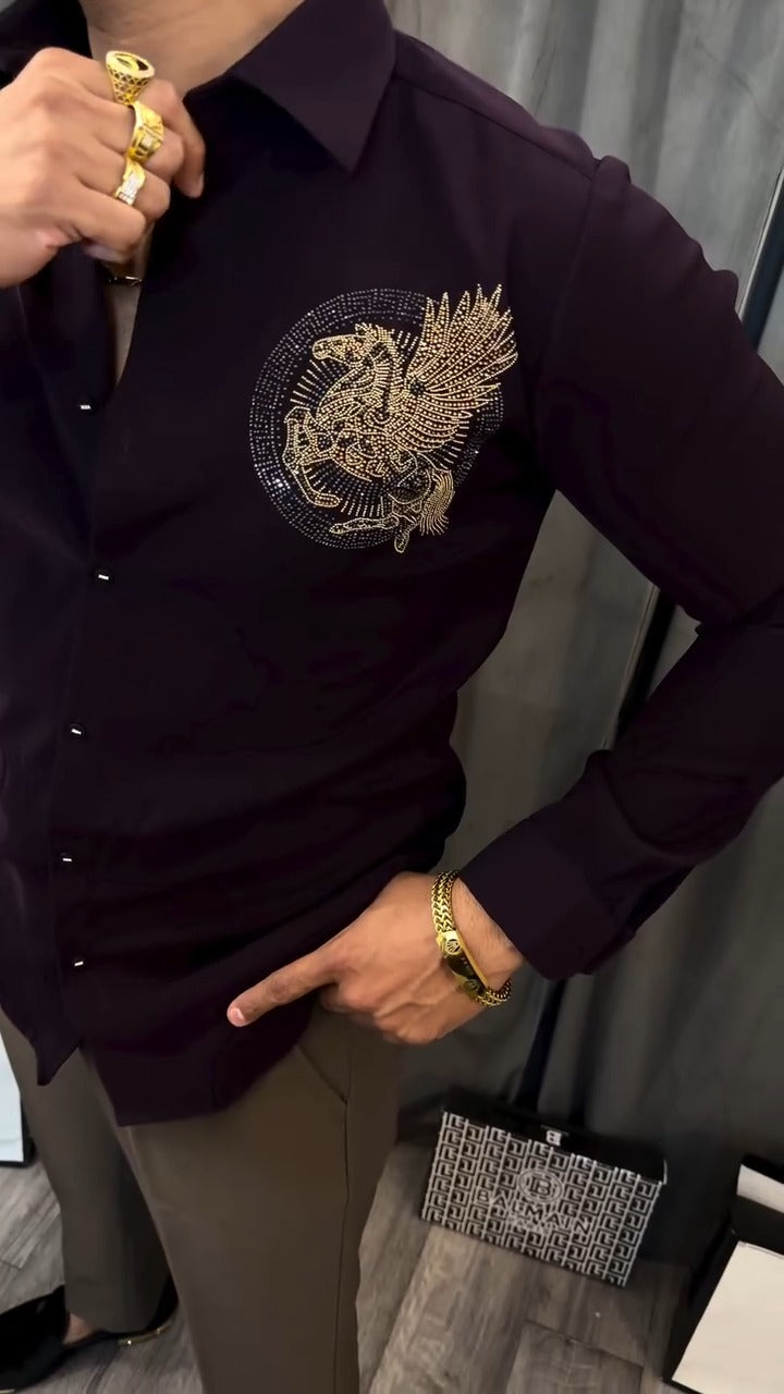 Men's Satin Pegasus Rhinestone Embellished Shirt