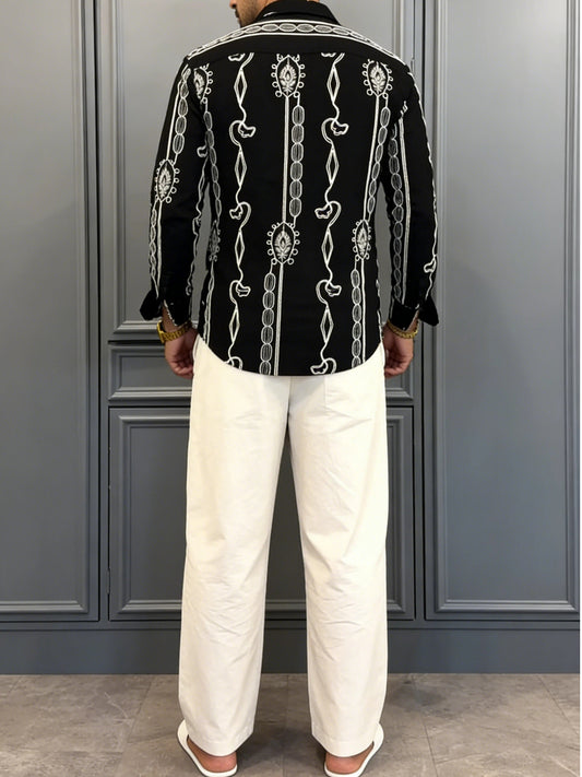 Men's Luxury Black Embroidered Cuban Shirt