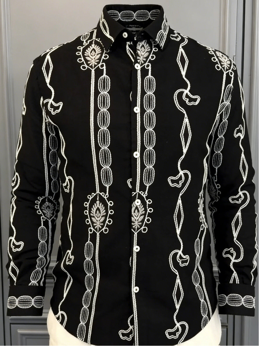 Men's Luxury Black Embroidered Cuban Shirt