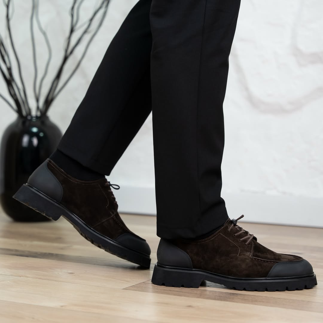 Suede & Leather Cap Toe Lug Sole Lace-Up Shoes for Men