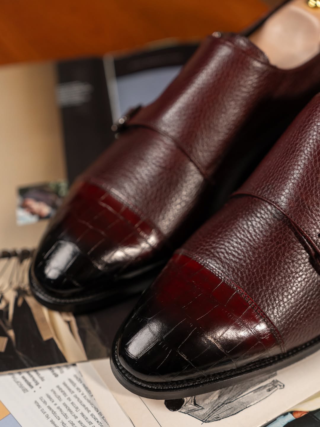 Men's Textured Leather Cap Toe Double Monk Strap Oxfords
