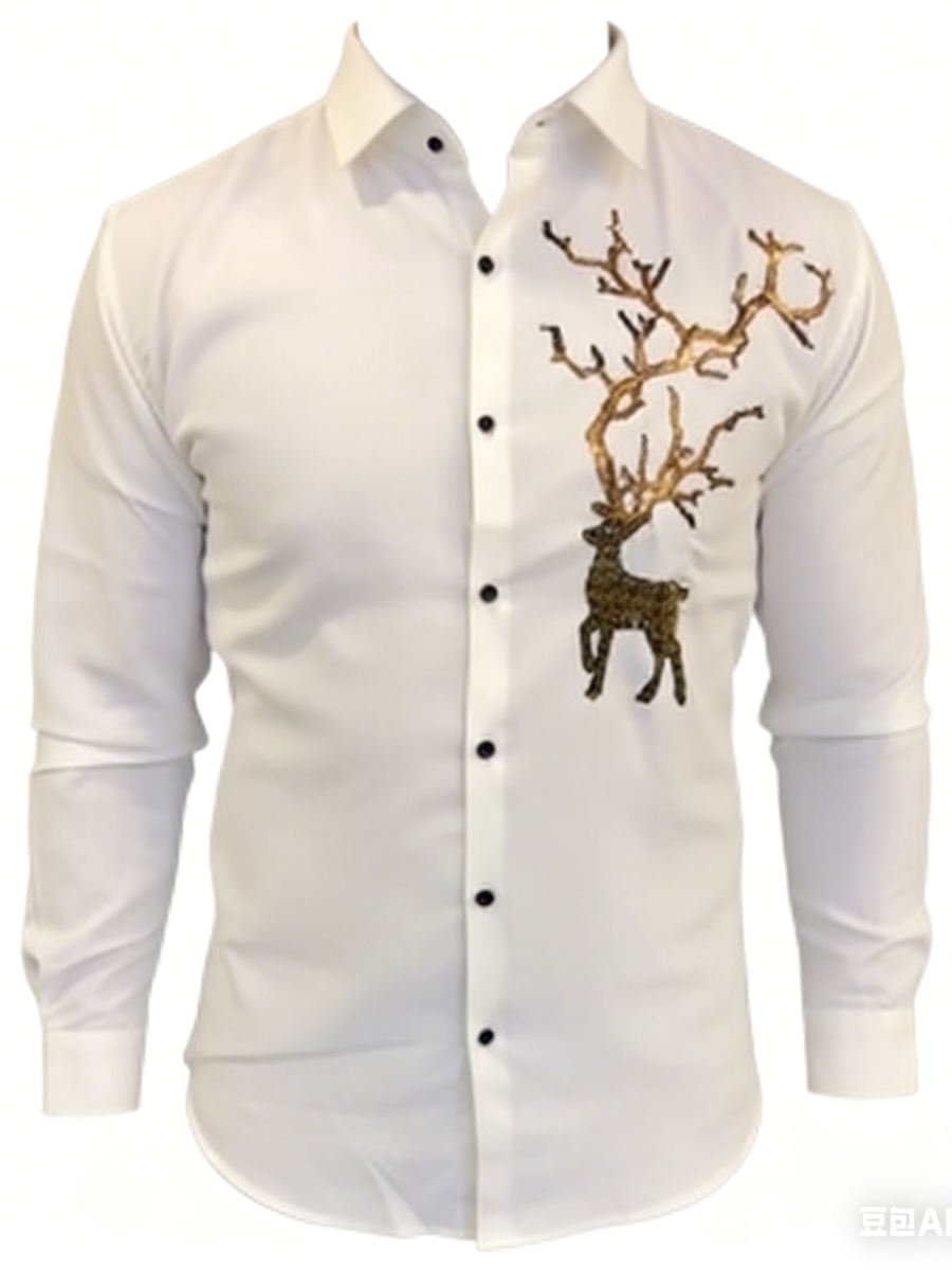Men's Luxury Gold Deer Rhinestone Embroidered Shirt