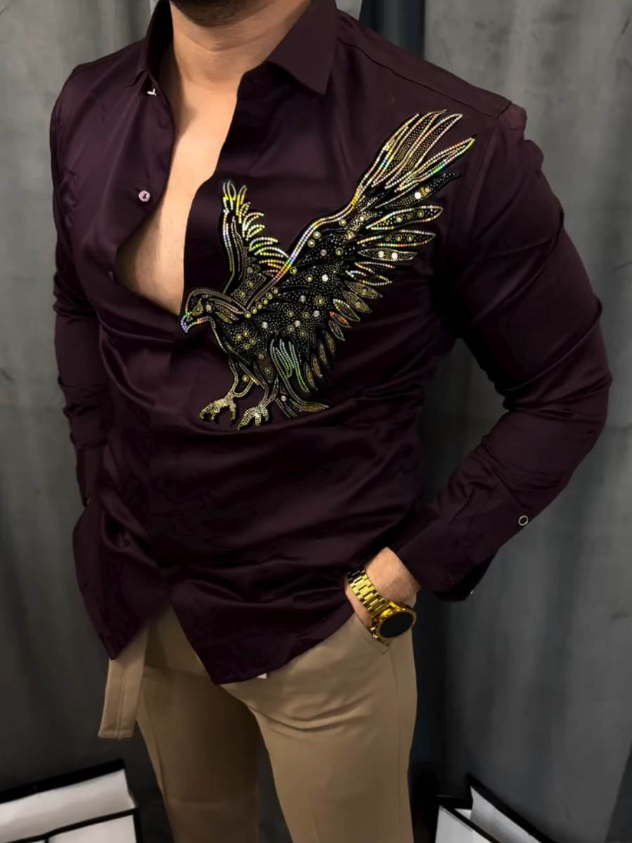 Men's Satin Flying Eagle Rhinestone Embellished Shirt