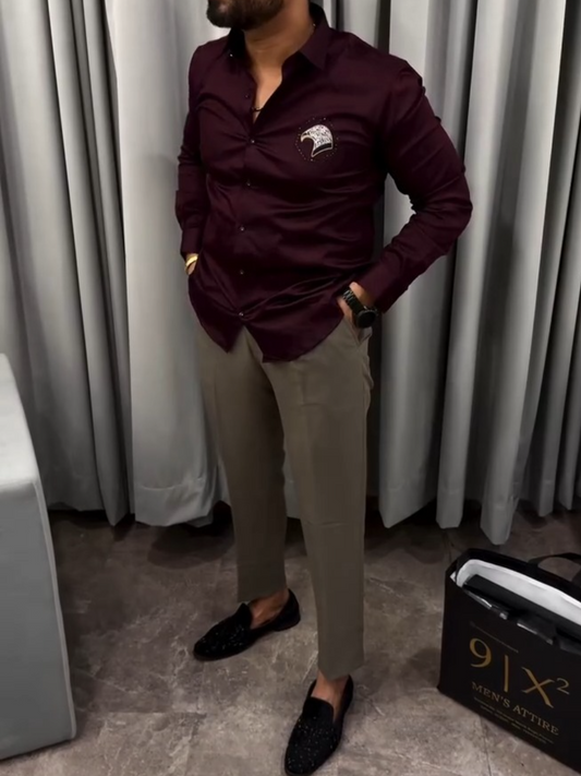 Men's Burgundy Eagle Satin Shirt