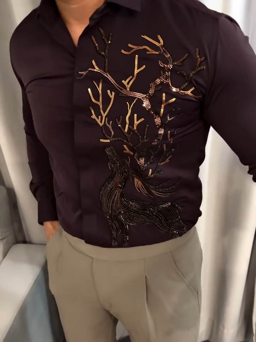 Men's Satin Shirt with Gold Sequin Trim