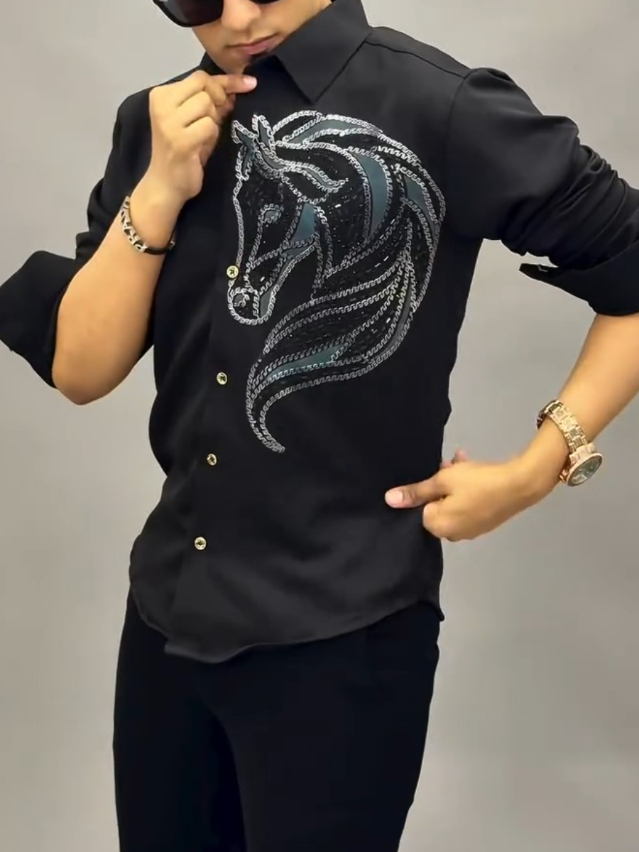 Men's Silver Rhinestone Horse Black Shirt
