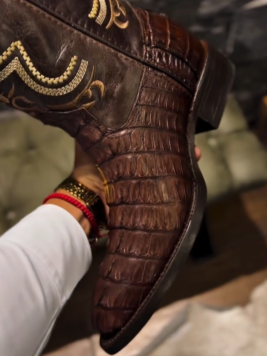 Men's Brown Pointed Toe Embroidered Boots