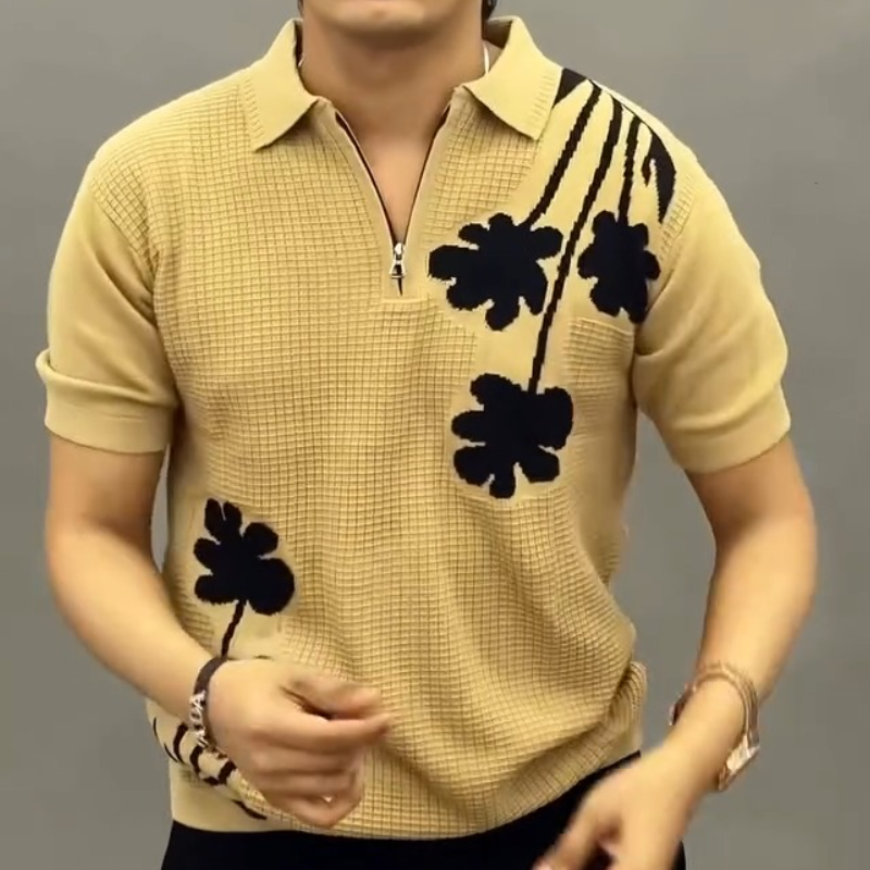 Men's Floral Print Zip Polo Knit Shirt