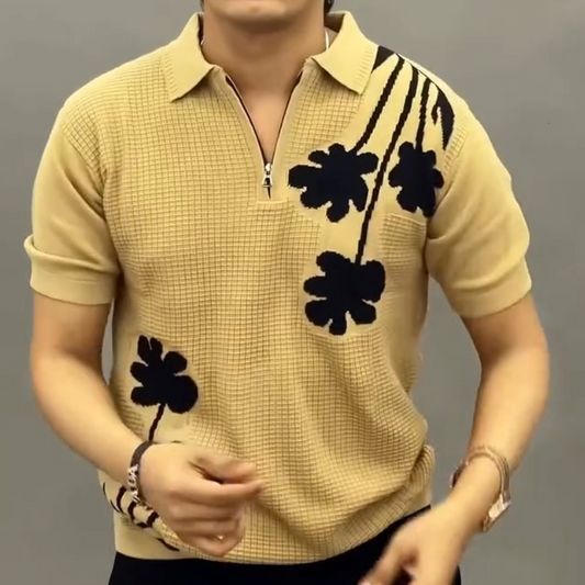 Men's Floral Print Zip Polo Knit Shirt
