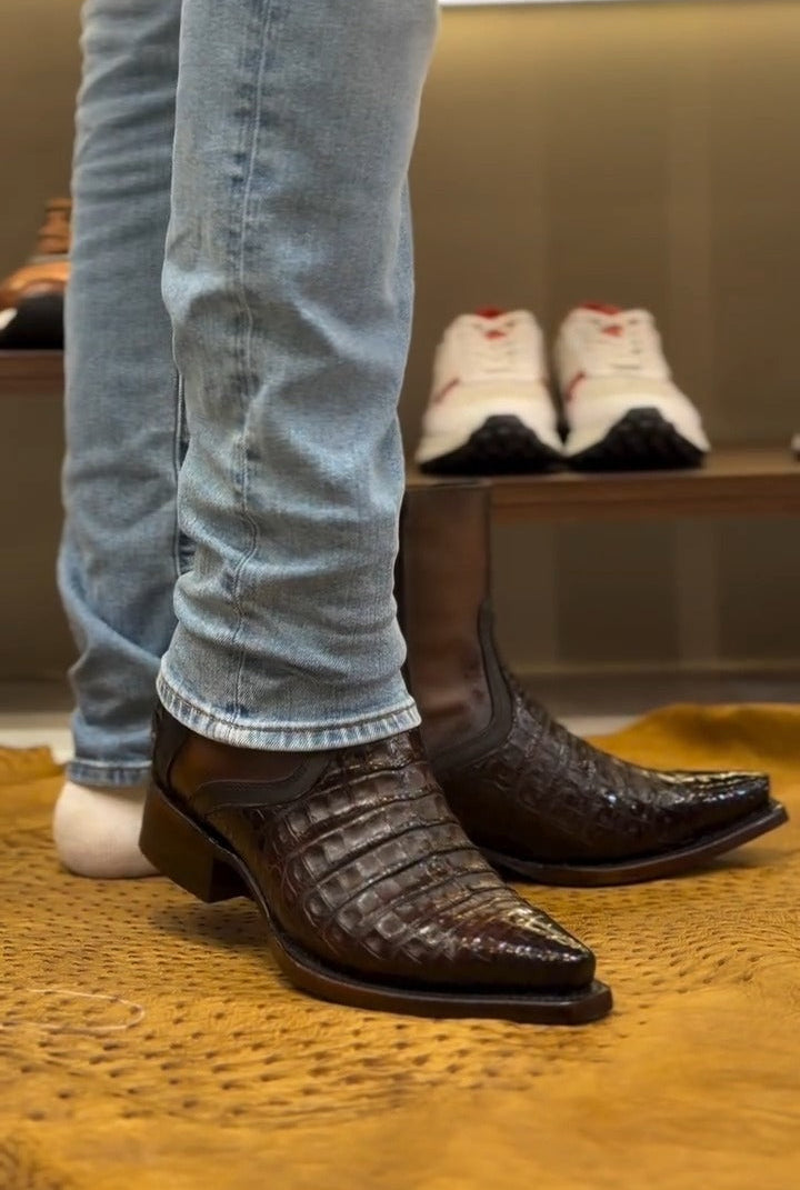 Men's Crocodile Pointed-Toe Ankle Boots