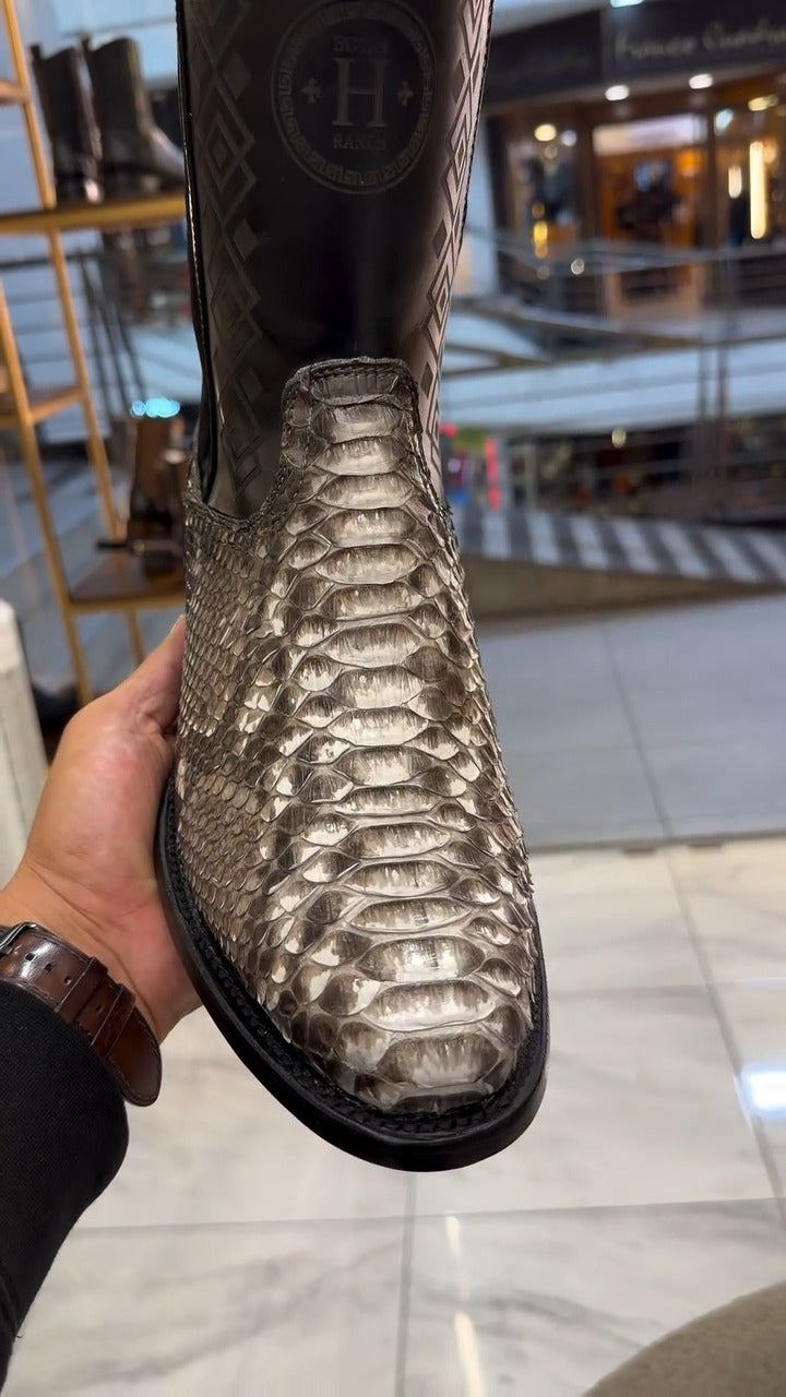 Men's Python-Print Crocodile Leather Oval-Toe Cowboy Boots