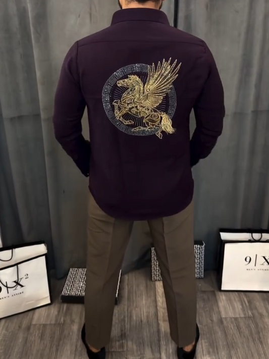 Men's Satin Pegasus Rhinestone Embellished Shirt