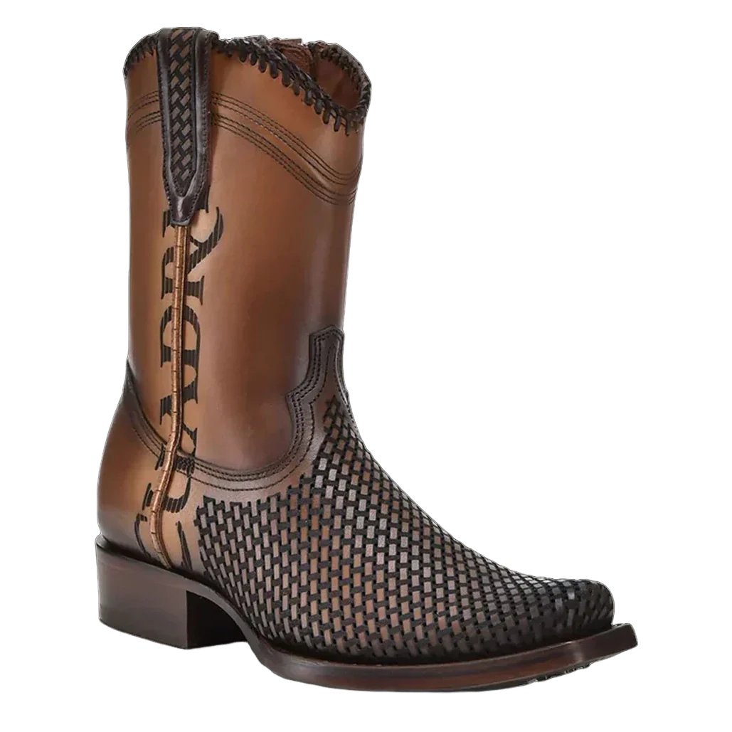 Men's Brown Laser & Woven Narrow Square Toe Boots