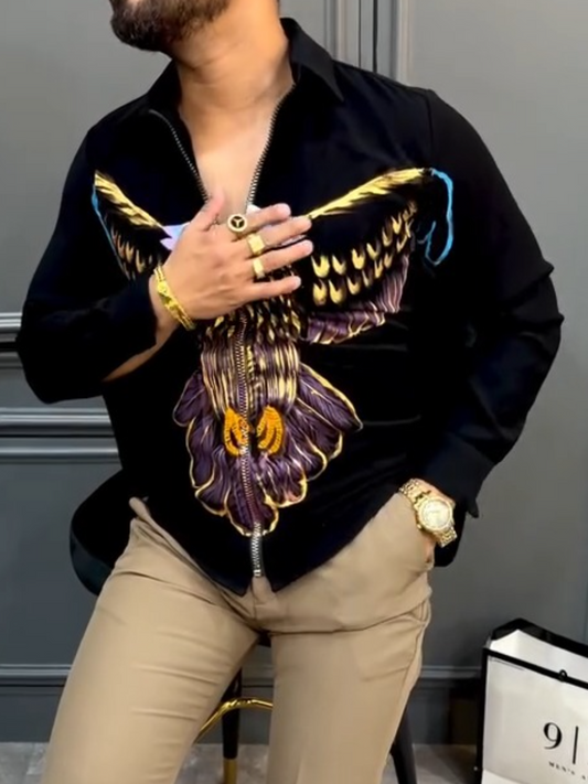 Men's Black Full-Zip Shirt with 3D Eagle Graphic Print