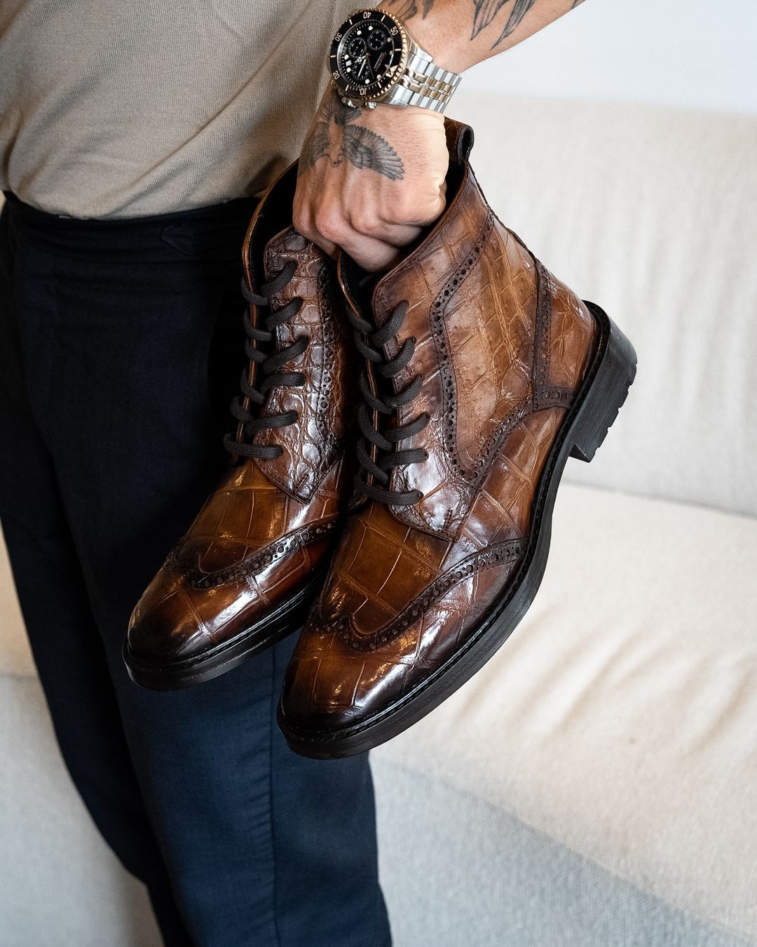 Brown Croco Leather Boots
