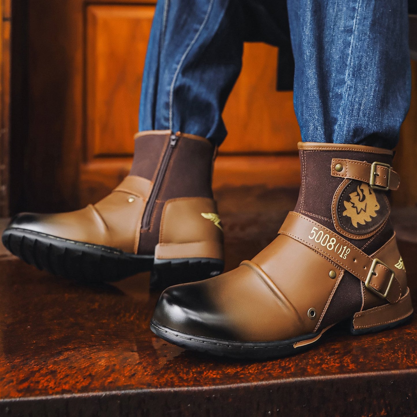 Vintage Metal Buckle Side Zipper Boots