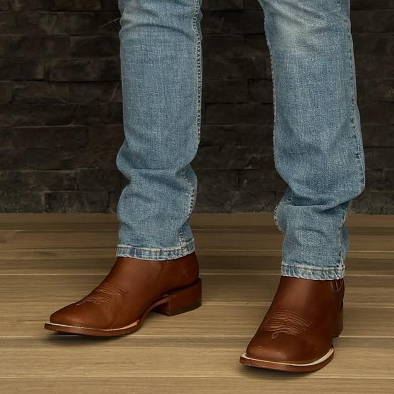 Brown Elastic Square Toe Ankle Boots