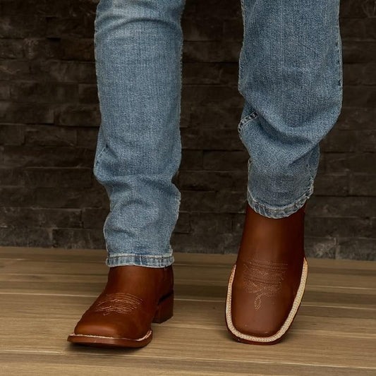 Brown Elastic Square Toe Ankle Boots