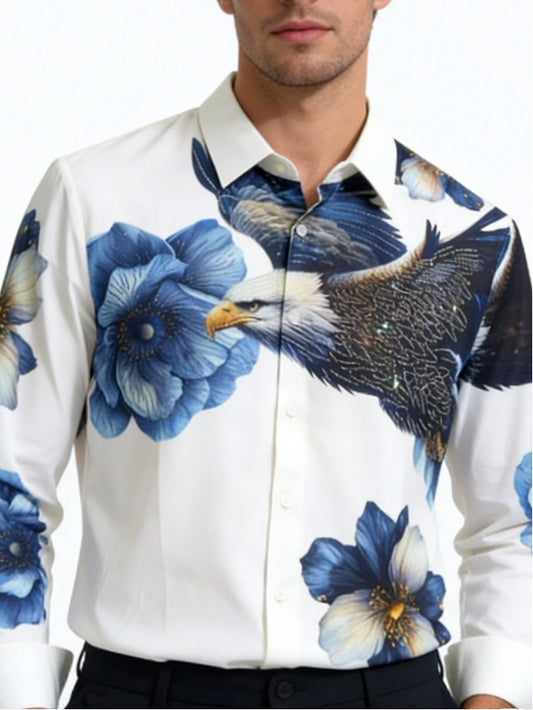Men's Eagle & Blue Floral Rhinestone Print White Shirt