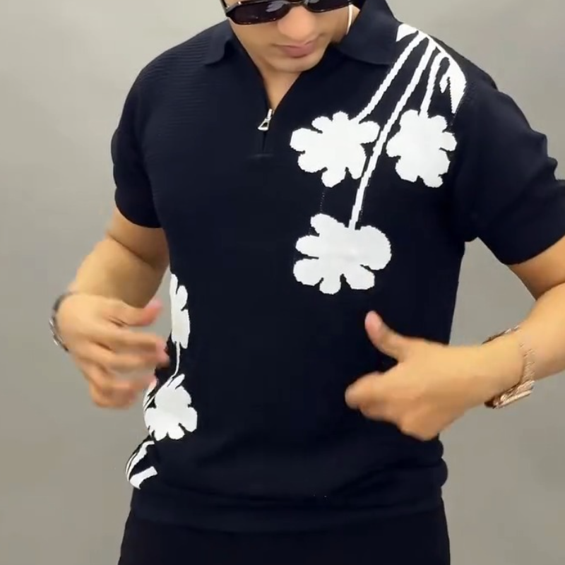 Men's Floral Print Zip Polo Knit Shirt