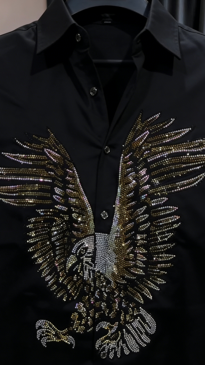 Men's Black Satin Rhinestone Eagle Embellished Button Down Shirt