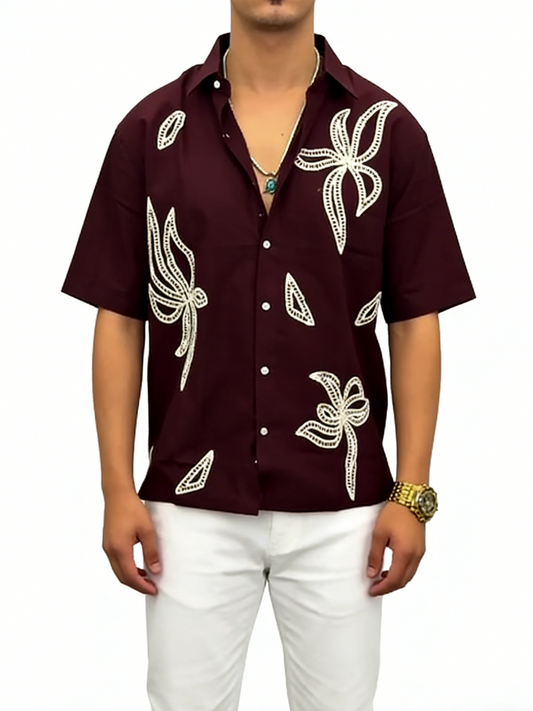 Men's Floral Embroidered Cuban Collar Shirt