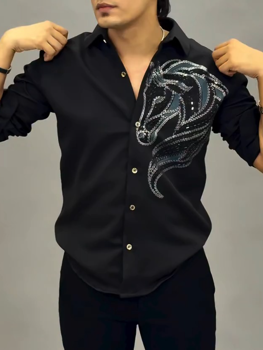 Men's Silver Rhinestone Horse Black Shirt