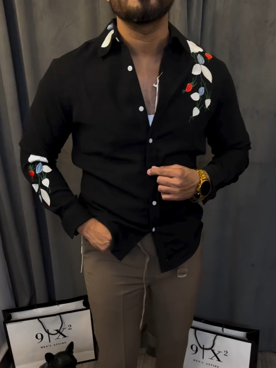 Men's Black Floral Embroidered Shirt