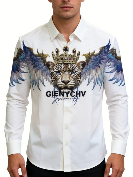 Men's White Crown Leopard Wing Print Shirt