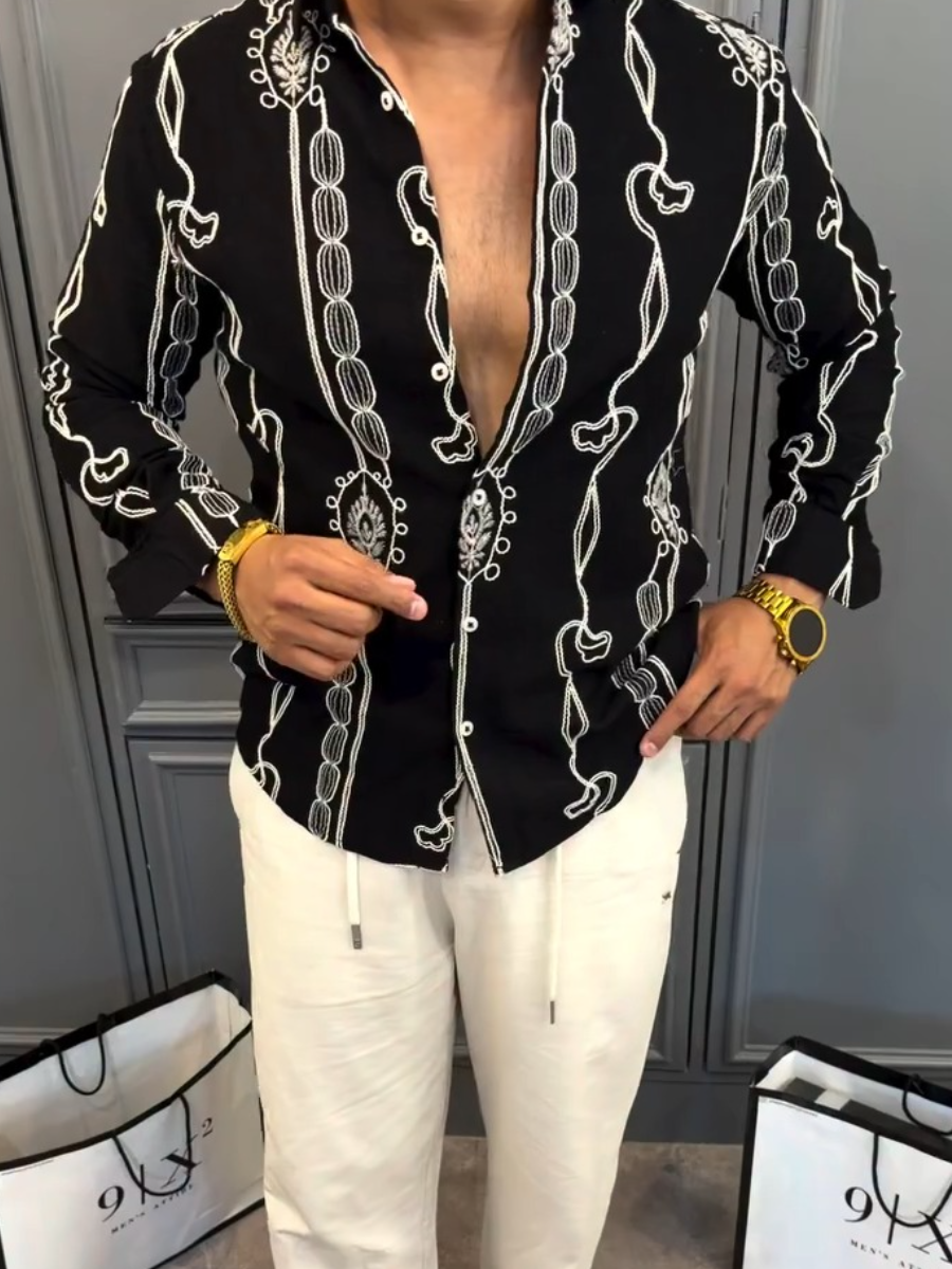 Men's Luxury Black Embroidered Cuban Shirt
