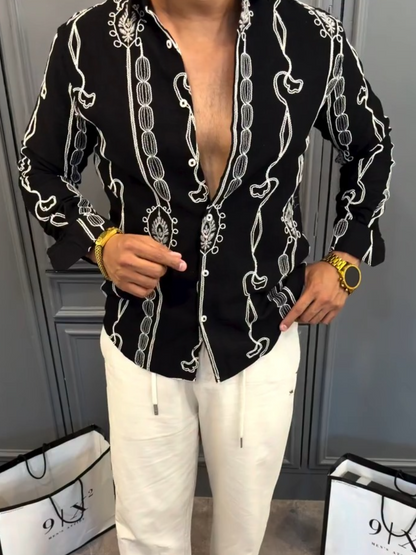 Men's Luxury Black Embroidered Cuban Shirt