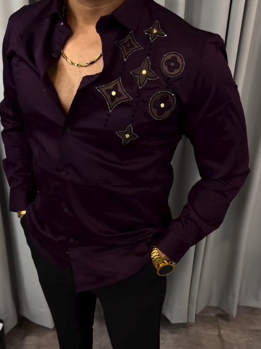 Men's Satin Gold Rhinestone Embellished Shirt