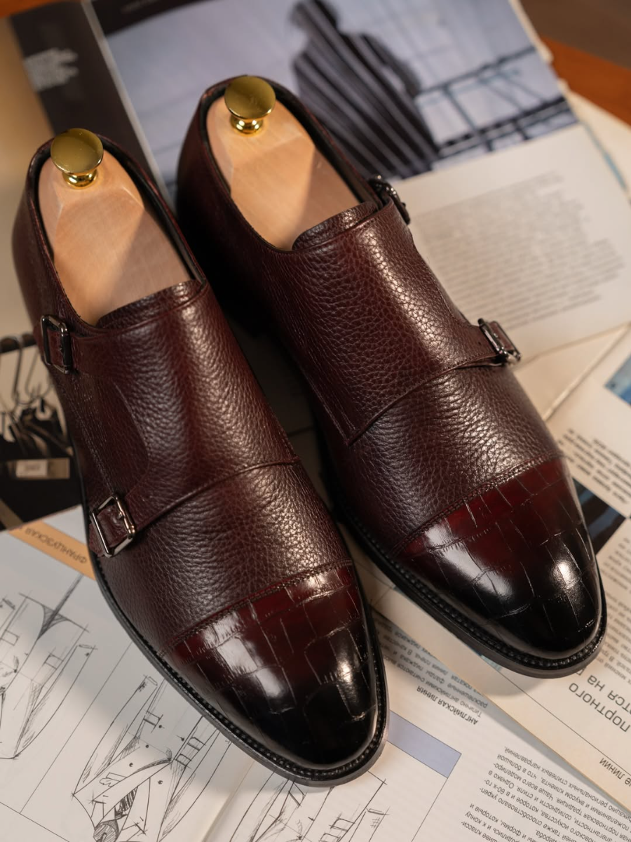 Men's Textured Leather Cap Toe Double Monk Strap Oxfords