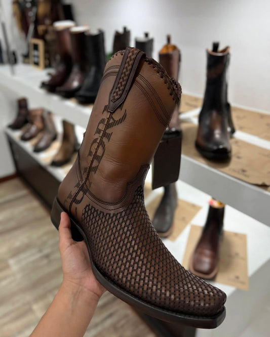 Men's Brown Laser & Woven Narrow Square Toe Boots