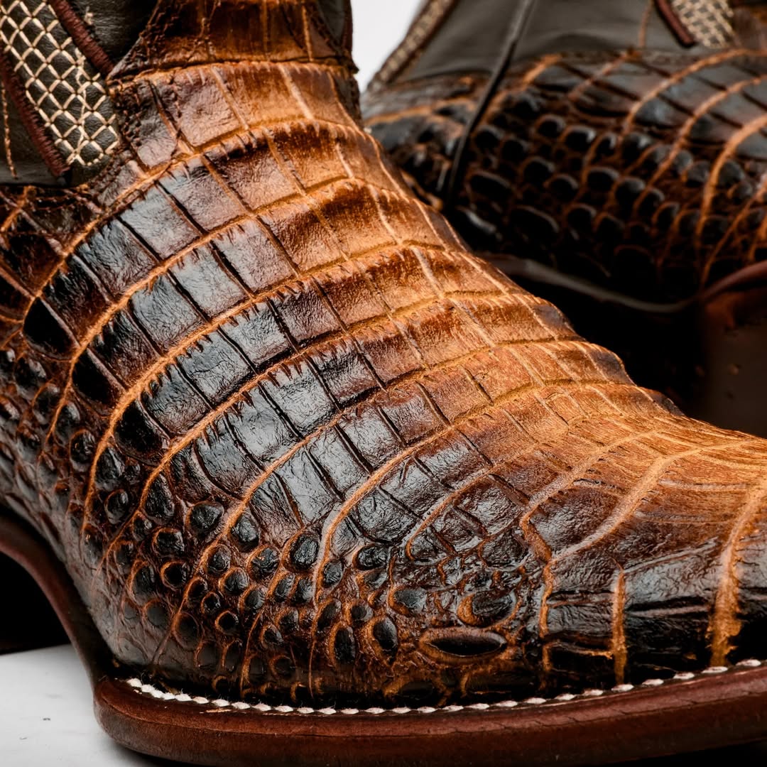 Brown Square Toe Caiman Belly Leather Boots