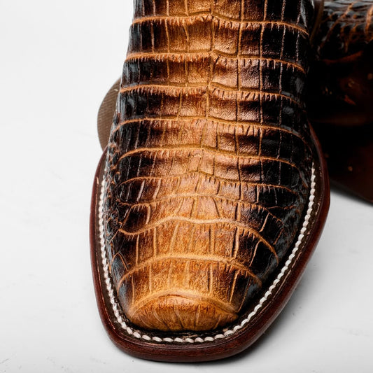 Brown Square Toe Caiman Belly Leather Boots