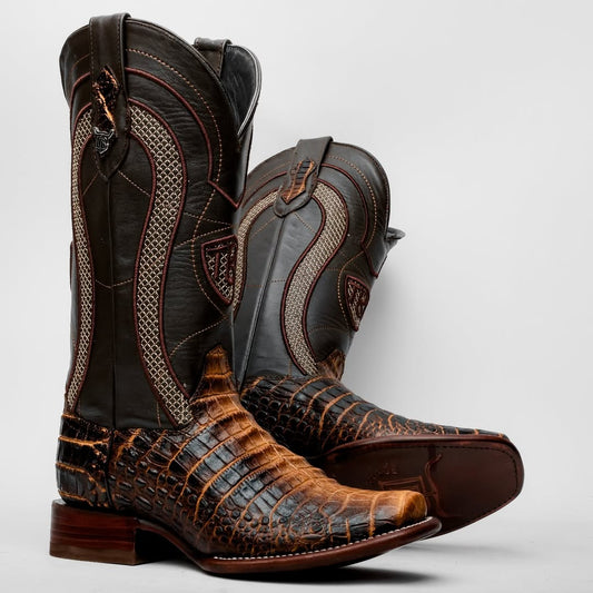 Brown Square Toe Caiman Belly Leather Boots