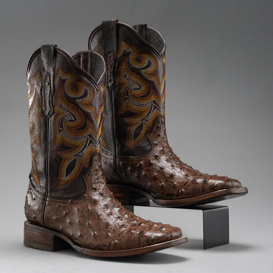 Men's Ostrich Leather Western Cowboy Square Toe Boots
