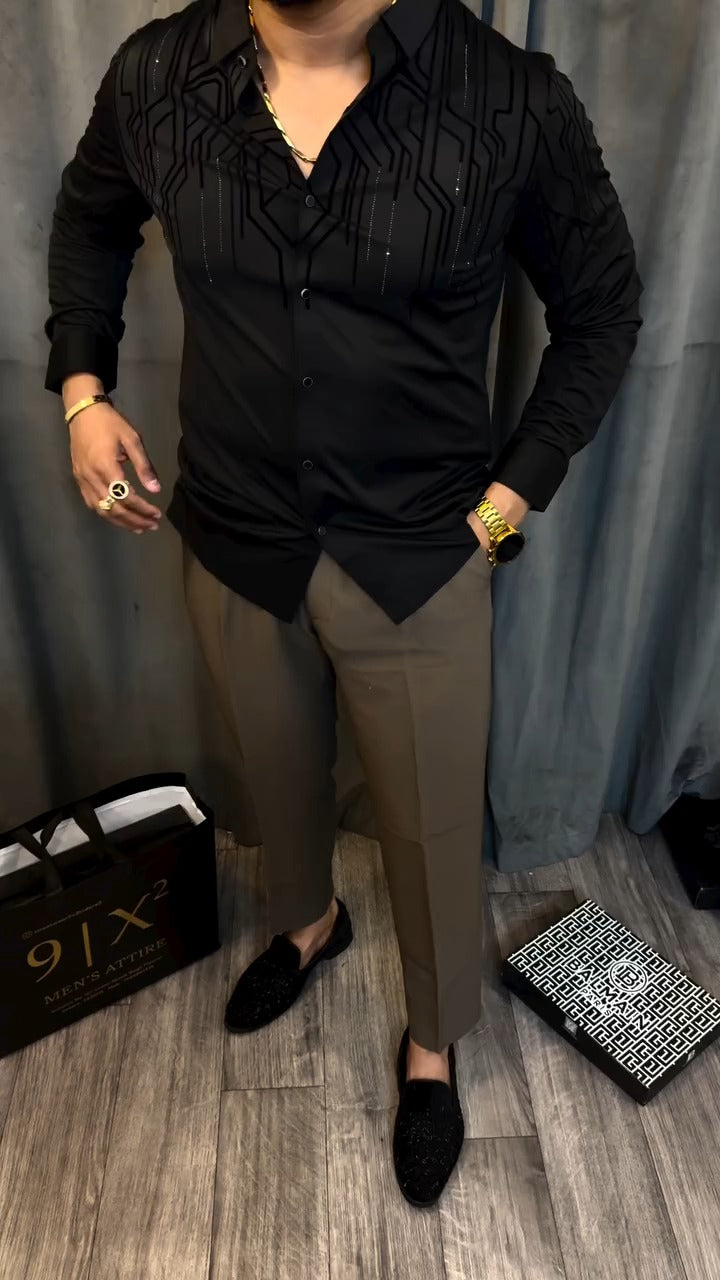 Men's Black Satin Geometric Embellished Shirt