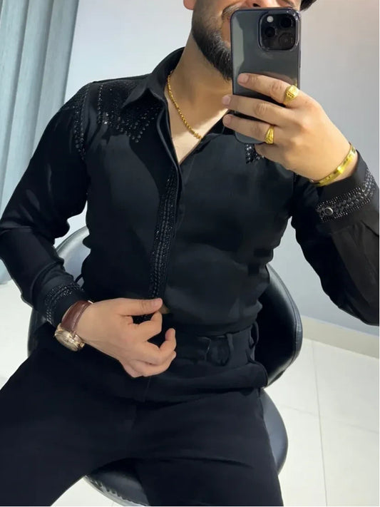Men's Luxury Satin Rhinestone Western Shirt