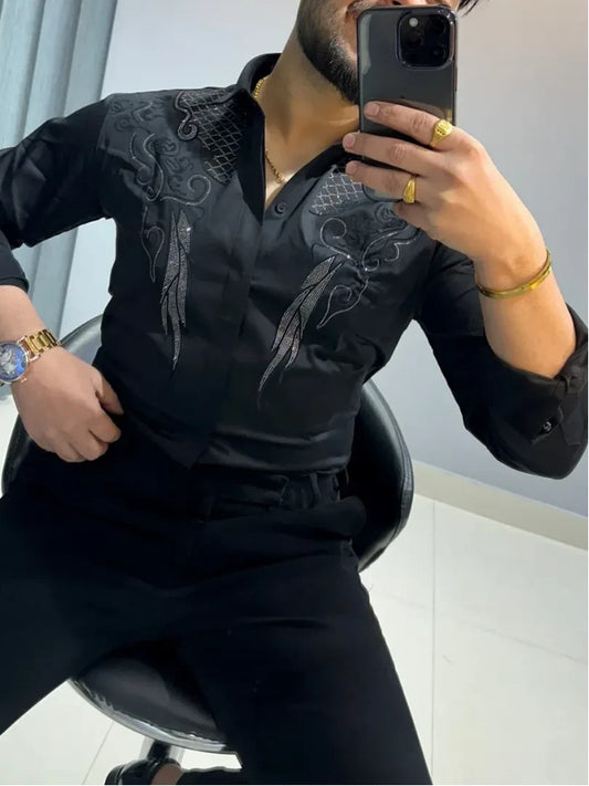 Men's Satin Embroidered Western Button Down Shirt