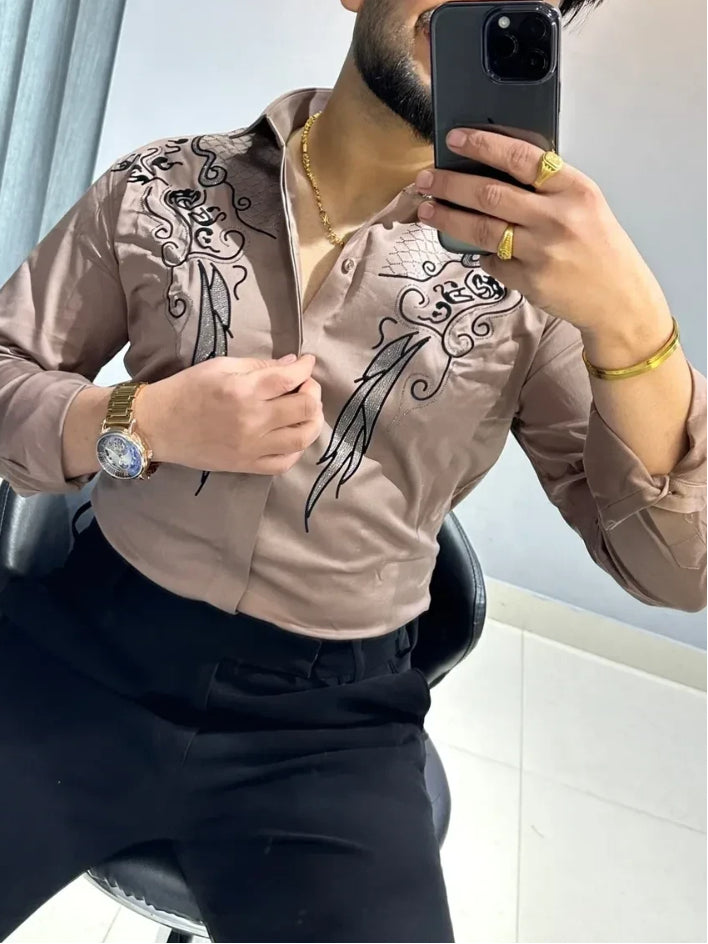 Men's Satin Embroidered Western Button Down Shirt
