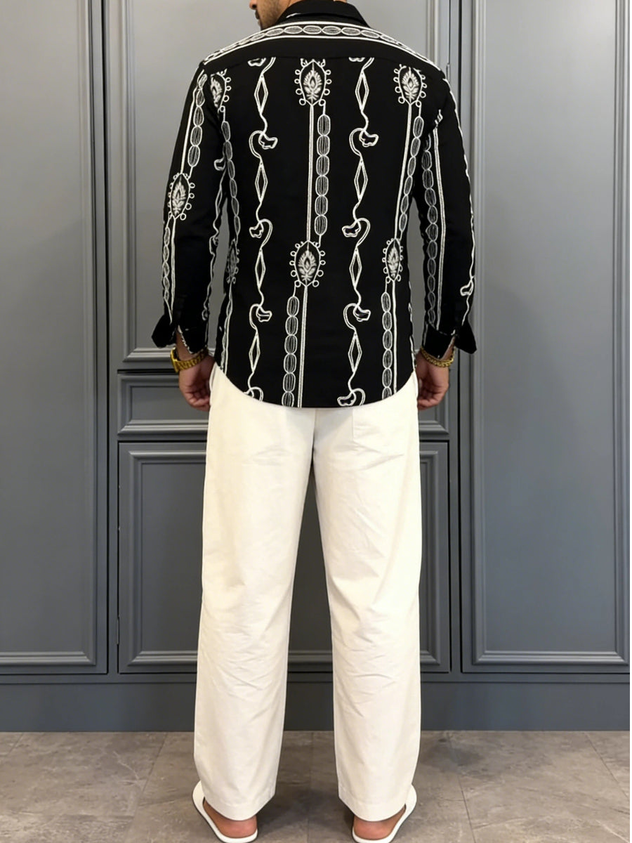 Men's Luxury Black Embroidered Cuban Shirt