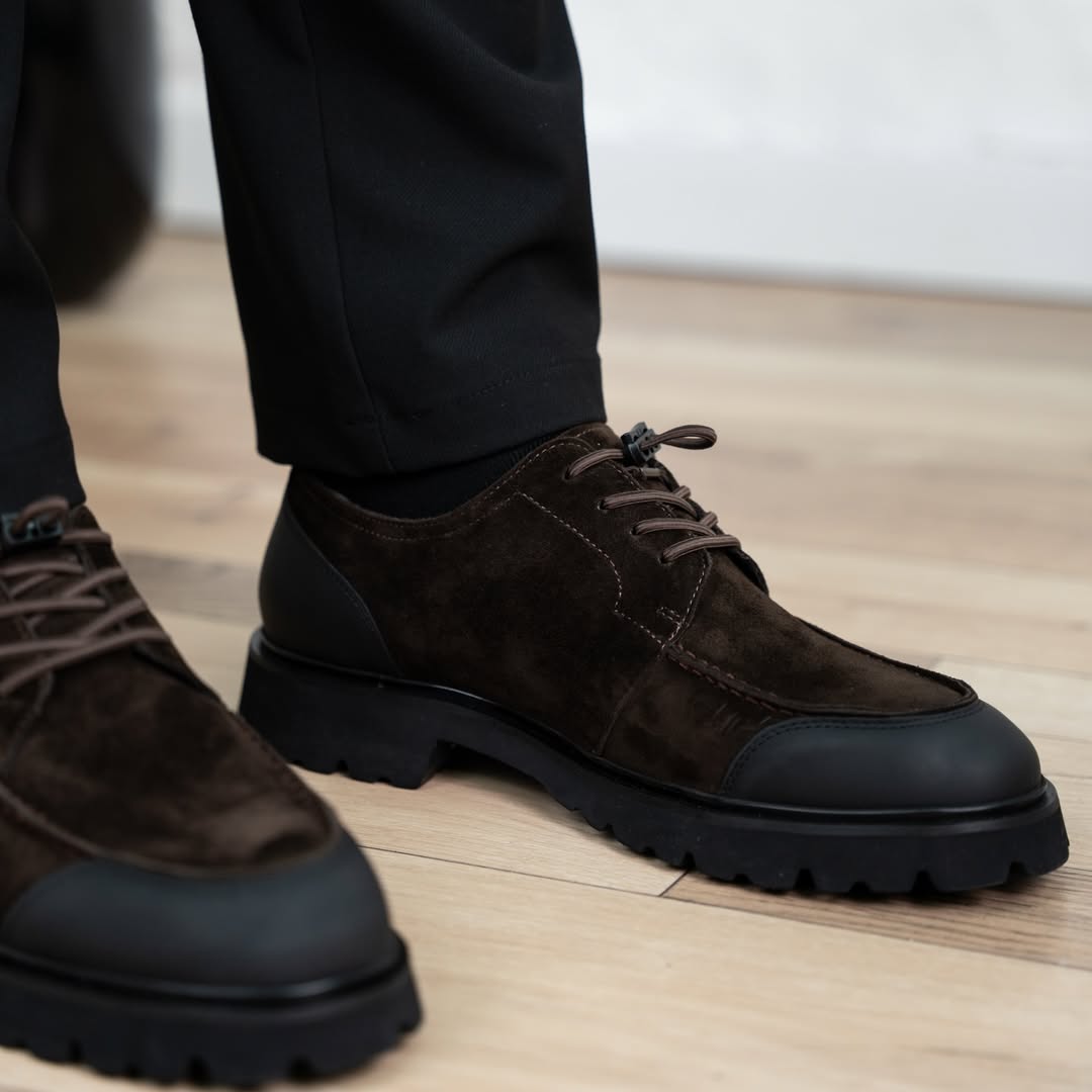 Suede & Leather Cap Toe Lug Sole Lace-Up Shoes for Men