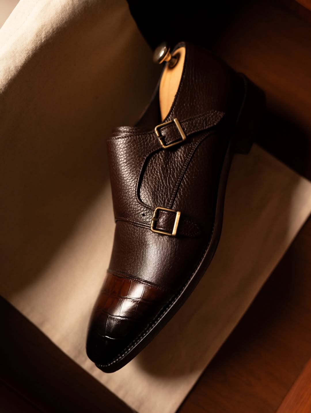 Men's Textured Leather Cap Toe Double Monk Strap Oxfords