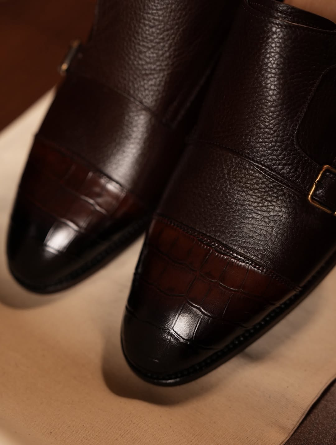 Men's Textured Leather Cap Toe Double Monk Strap Oxfords
