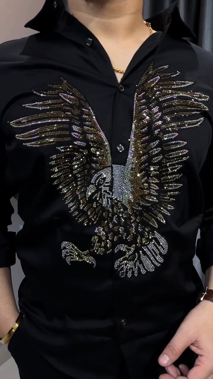 Men's Black Satin Rhinestone Eagle Embellished Button Down Shirt